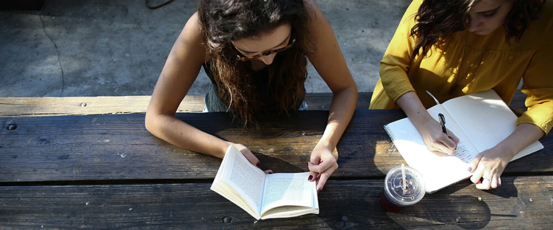 Overhead view of two women writing at a wooden table