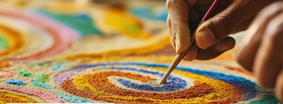 Hands working on a solorful Tibetan sand mandala 