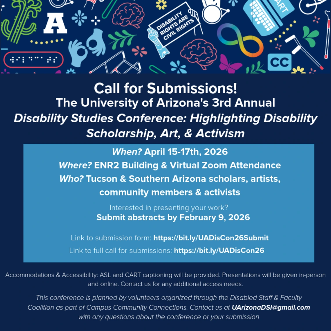 A blue flyer with a multi-colored decorative banner on the top with a variety of images to depict a range of disabilities 