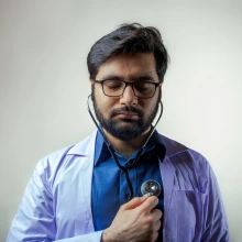Nurse listens to his own heart with stethescope